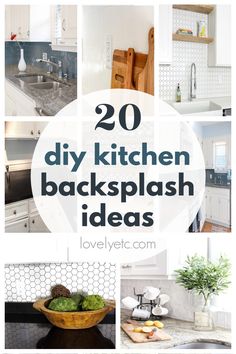 the words, 20 expensive backsplash ideas are in front of white cabinets and countertops