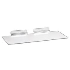 two glass shelves with metal handles on each side and one shelf above the other, in front of a white background