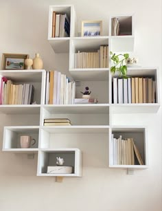 a white shelf filled with lots of books next to a wall mounted vase and potted plant