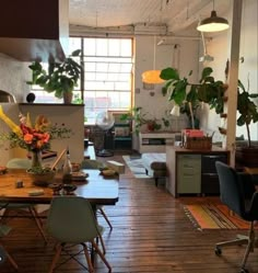 an open kitchen and dining area with wooden floors, potted plants on the wall