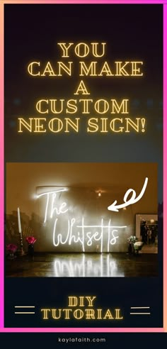 How YOU can make a neon light sign. This tutorial is a DIY project that you can use for home decor, weddings or events. This looks more profprofessional than EL wire, or and LED strip because I used neon flex. You can make the design custom, to say whatever you want. It's also more affordable to make your own neon light than order one online. I love the white neon light, but you could get a color changing neon light that comes with a remote. #diywedding #DIYneonlight #DIYweddingdecor #customsign Make A Neon Sign, Diy Neon Sign, Led Lighting Diy, Light Words, Neon Words, Custom Neon Lights, Neon Flex, El Wire, Halloween Tattoo