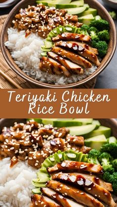 teriyaki chicken rice bowl with broccoli and cucumbers on the side