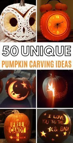 pumpkin carving ideas for halloween with the words 50 unique pumpkin carving ideas