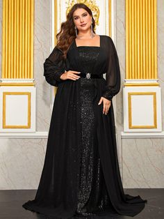 Yisikado Plus Off Shoulder Lantern Sleeve Belted Sequin Formal Dress-FMGW511-2 - Yisikado – YISIKADO Long Sleeve Evening Dress With Belt, Black Long Sleeve Dress With Belt, Plus Size Gala Dress, Sequence Gown, Affordable Formal Dresses, Casual Wedding Dresses, Plus Size Gowns Formal, Plus Size Evening Gown, Plus Size Gowns