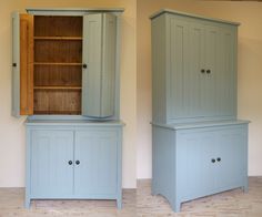 two blue painted cupboards side by side