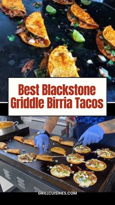 the best blackstone griddle birra tacos on the grill with text overlay