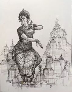 an ink drawing of a woman dancing in front of a cityscape with buildings