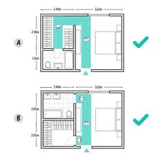 the floor plan for a small apartment with two separate rooms and one bedroom on each side