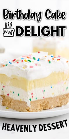 a piece of birthday cake with white frosting and sprinkles on a plate