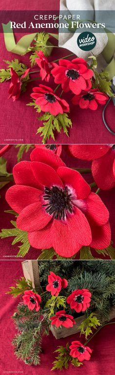 red flowers and greenery are arranged on the table