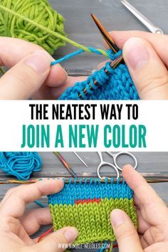 two hands holding scissors and knitting yarn with text overlay reading the neatest way to join a new color