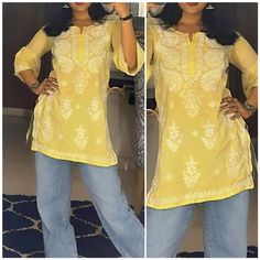 Fabric details: Kurti  - Supreme Quality Modal With Heavy Chikan Embroidery ( Stitched ) Denims  – (Stitched – Free Size) Chikankari Outfits, Stitching Ideas, Casual Day Outfits, Summer Floral