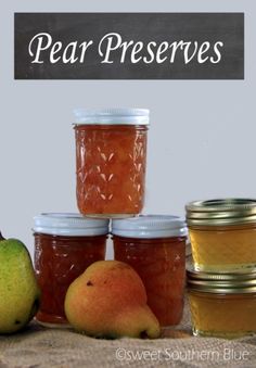 pear preserves in jars with apples and pears next to them