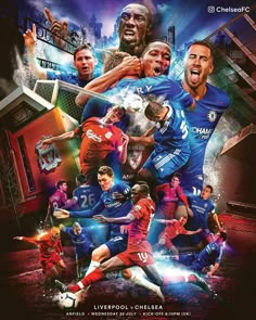 the poster for chelsea's soccer team is shown in front of an image of their players