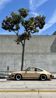 a car parked in front of a tree on the side of the road near a parking meter