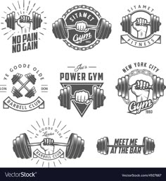 set of vintage gym emblems and badges with dumbbell, barbell, kettlebell