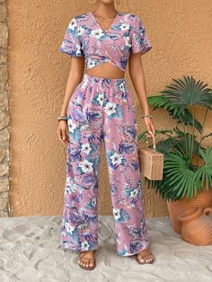 Pink Boho Collar   Floral,Plants,All Over Print  Embellished Slight Stretch  Women Clothing Tie Back Crop Top, Summer Tropical, Printed Ties, Two Piece Set, Two Piece Sets, Tie Backs