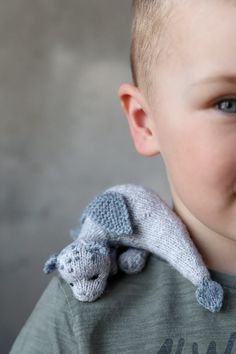 a young boy wearing a gray sweater with a knitted animal on it's collar