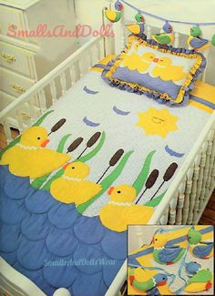 a crib bed with yellow ducks on it