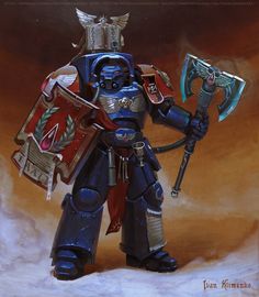 a painting of a warhammer holding two axes