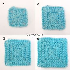 four pictures showing how to crochet the square