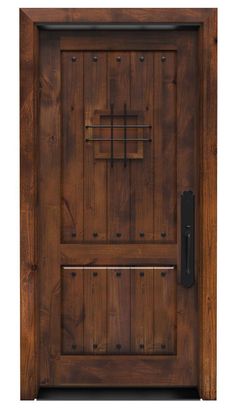 a wooden door with metal bars on the front and side panels, which are made out of wood