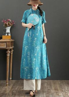 Fashion Blue Print Oriental side open Long Summer Linen DressFabric: Cotton 45%, Linen 55%Size & Fit: Fit: This garment fits true to size.Length: Size XL measures 47.58"from shoulder to hemBust: Great for any cup size. Waist: Loose Fit. Comfortable room throughout midsection.Hip: Loose Fit - room for hips. Hand Wash Cold. Long Linen Dress, Summer Linen Dresses, Dyed Linen, Summer Linen, Cotton Blouses, Blue Print, Linen Dress, Summer Tops, Dress Fabric