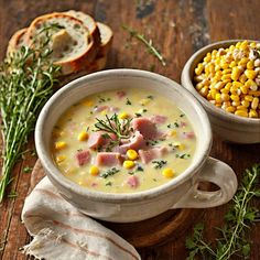 two bowls filled with corn and ham soup on top of a wooden table next to bread