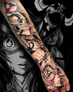 a person with a tattoo on their arm and the image of an evil woman is in the background