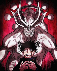 an anime character holding a cell phone in front of two demonic looking men with horns on their heads