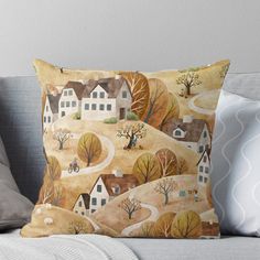 a painting of houses and trees in autumn throw pillow