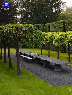 an artistic rendering of a park with benches and trees in the background, surrounded by hedges