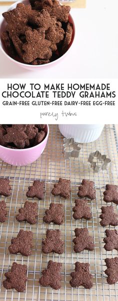 chocolate teddy graham cookies cooling on a wire rack with the words, how to make homemade chocolate teddy grahams