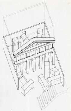 an architectural drawing of a building with stairs and steps in the center, as well as boxes on each side