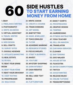 a poster with the words 60 side hustles to start earning money from home