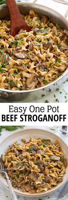 one pot beef stroganoni is shown in the same pan as another photo