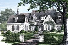 this is an artist's rendering of a house in the country side with trees and shrubs