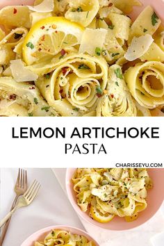 lemon artichoke pasta with parmesan cheese and fresh herbs in two bowls