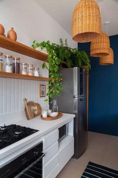 a kitchen with an oven, refrigerator and potted plant on the shelf above it