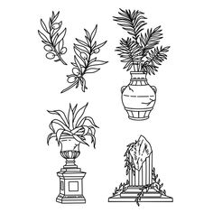 four potted plants are shown in this black and white drawing, each one has its own planter