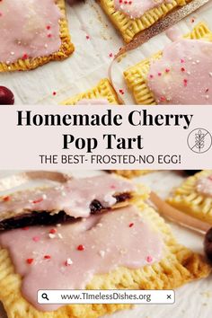 Pink frosted homemade cherry pop tarts with heart sprinkles on a parchment lined baking sheet. Cherry Poptart Cookies, Homemade Cherry Poptarts, Homemade Poptarts With Pie Crust Dough, Pie Crust Pop Tarts, Grace Crave Fanart, Jaxon And Grace Crave, Home Made Pop Tarts, Pop Tart Pie