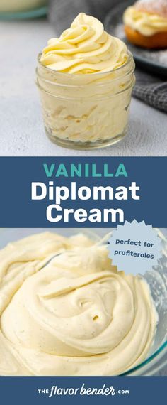 vanilla dip in a glass bowl with the text overlay above it that says vanilla dip disposat cream