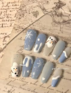 Snowman Nails, Fake Nails Designs, Christmas Gel Nails, Soft Nails, Blue Nail, Festival Nails, Pretty Acrylic Nails