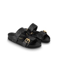 LOUIS VUITTON® - Bom Dia Flat Comfort Mule - Black Louis Vuitton Mules, Louis Vuitton Sandals Outfit, Louis Vuitton Slides Women, Louis Vuitton Slides, Designer Sandals Flat, Designer Slides Women, 2023 Ss, Lv Shoes, Sandals Outfit