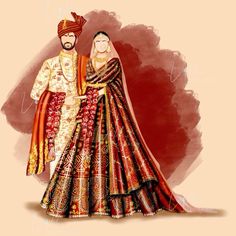 Wedding Illustrations Indian, Bride Fashion Illustration, Wedding Illustration Card, Bride And Groom Cartoon, Watercolor Indian, Digital Invitations Design, Marriage Card