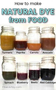 jars filled with different colored liquids and labeled how to make natural dye from food