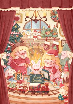 a christmas card with three children in front of a fire place and presents on the table