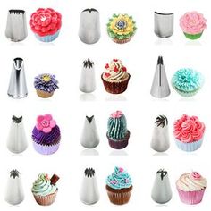 many different types of cupcakes on a white background