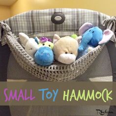 small toy hammock with stuffed animals in it's pocket and text overlay that reads, small toy hammock