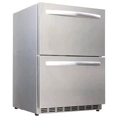 a silver refrigerator freezer sitting on top of a white counter